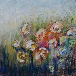 Klein paneeltje veel vrolijke kleuren, rood springt er uit.