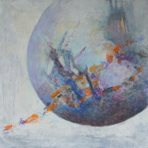 Een ronde vorm met daarin in de verte iets dat op een kasteel lijkt. Een figuur, zo lijkt het op de voorgrond. Over het geheel oranje, paars, geel groene vlekken, lijkend op voetstappen. Alles in prachtige pastelkleuren.