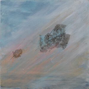 Lichte luchtstroom van linksonder naar rechtsboven in zachte kleuren rose en lichtblauw boven water? 2 blaadjes vliegen door de lucht.