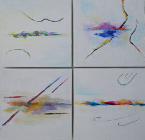 4 vrolijke paneeltjes van 20x20 cm. Alle 4 subtiele tekeningetjes op witte achtergrond met dezelfde soort vrolijke kleuren.