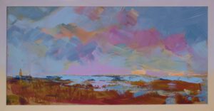 Met grote streken het Moddergat op Terschelling weergegeven. Watertoren op de achtergrond.