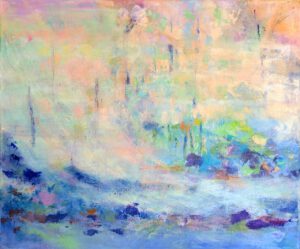 Veelkleurig schilderij, pasteltinten oranje, groen bovenin. Blauw onderin, water?