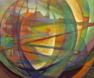 Veelkleurige wereldbol, met fragmenten van bergen, woestijnen zee. Vrolijke felle kleuren.