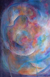 2 personen van achteren bekeken in wervelende pasteltinten.